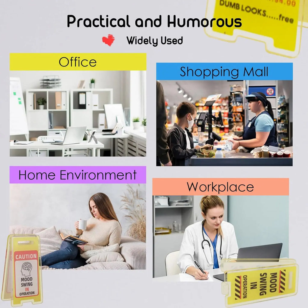 10Pcs Funny Acrylic Desktop Warning Signs - Waterproof Meme Message Clips with Adhesive for Office Desk & Home, Humor Gag Gift for Boss or Coworkers