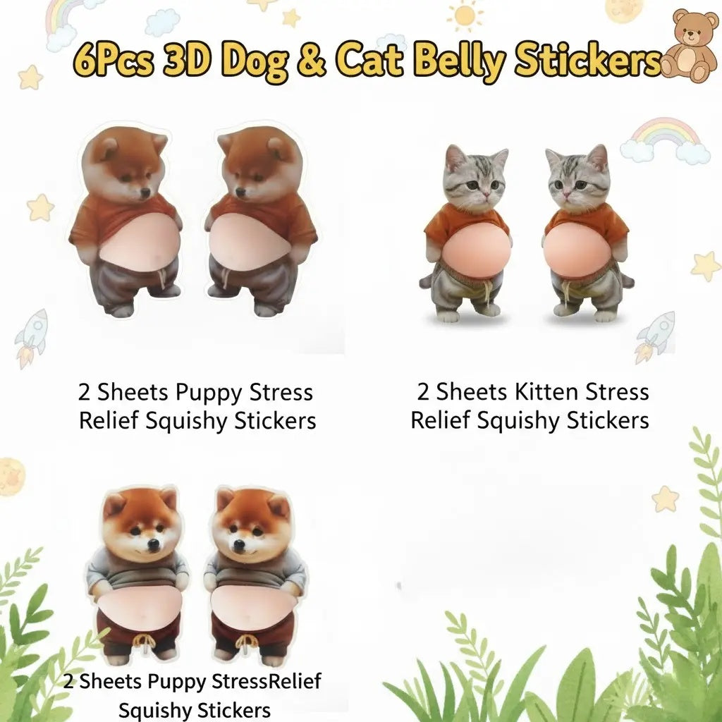 6Pcs 3D Dog & Cat Belly Mochi Squishy Stickers, Stress Relief Fidget, Cute Squeeze Toys for Kids Party Favors, Classroom Gifts, School Rewards, Fun  Gift for Adults & Kids, Silicone Puffy Car Door & Wall Buffers, Valentine's Day & Easter.