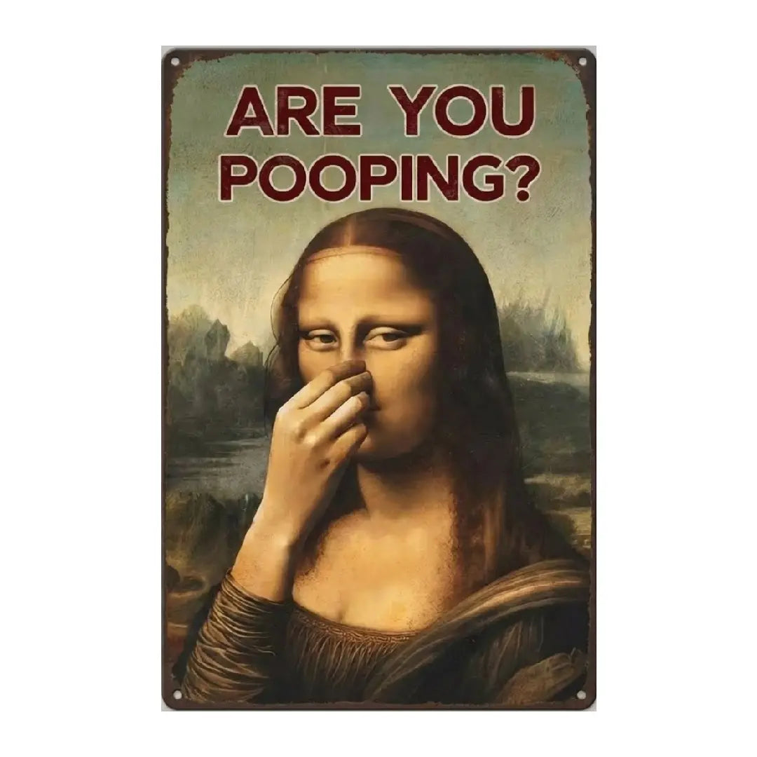 Funny Mona Lisa Metal Sign | Vintage Nose-Pinching Bathroom Decor (8x12")