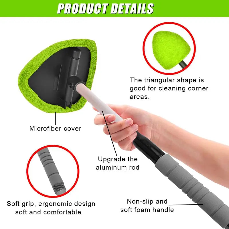 9-Piece Car Windshield Cleaning Kit with Extendable Handle, 180° Swivel Head, 6 Reusable Microfiber Pads, Vent Brush & Spray Bottle for Windows, Mirrors & Glass