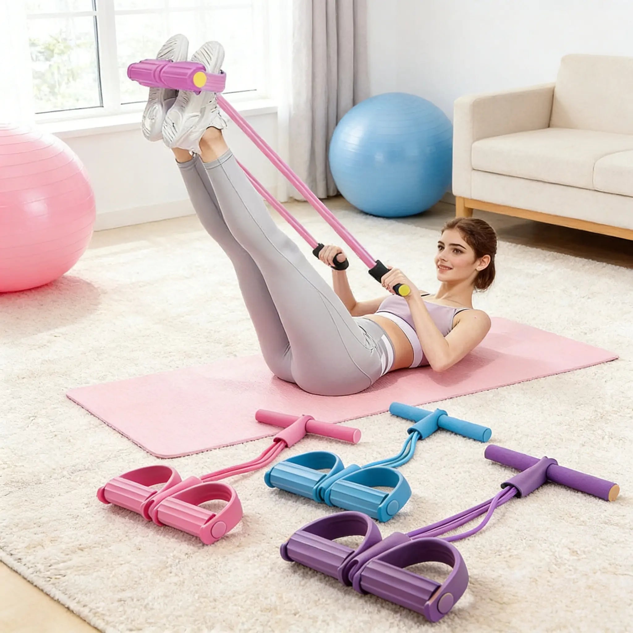 Multifunctional tension rope, 4-tube elastic yoga pedal tension belt, natural latex tension rope fitness equipment