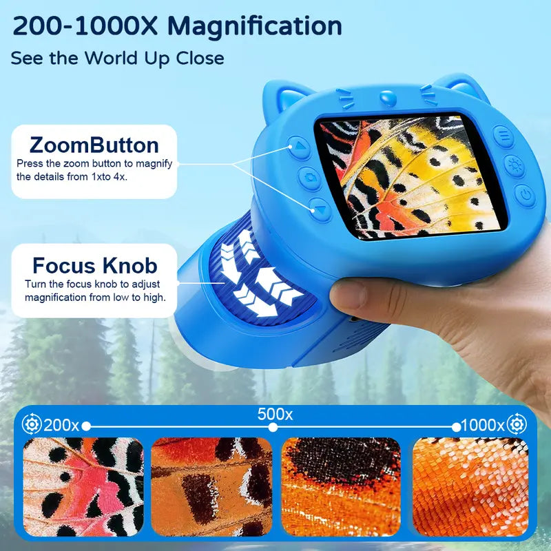 [2027 Upgraded] Kids Digital Microscope with 2.4” 4K Screen, Built-In Photo & Video Camera, 200X–1000X Magnification & 100M Telescope, STEM Educational Gift for Kids Ages 3–12