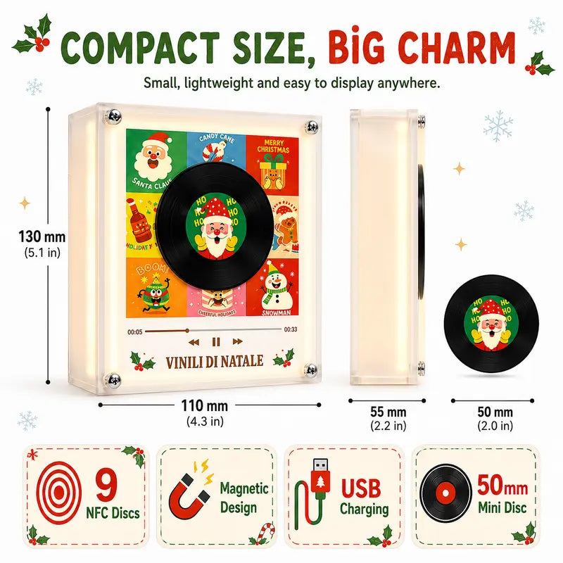 【Christmas Gift】Magnetic NFC Music Player with 9 Mini Vinyl Discs, Add Your Own Songs, Rotating Record Player with Light Effect, Unique Music Gift & Christmas Fridge Decor