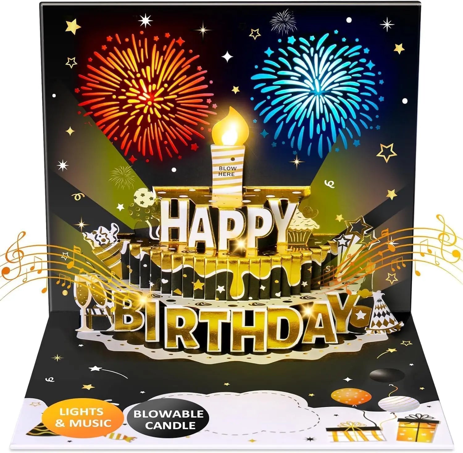 Interactive Birthday Pop-Up Card with 3D Cake, Fireworks, Lights & Music, Blow-Out LED Candle, DIY Age Numbers, Black and Gold Birthday Card for Men & Women