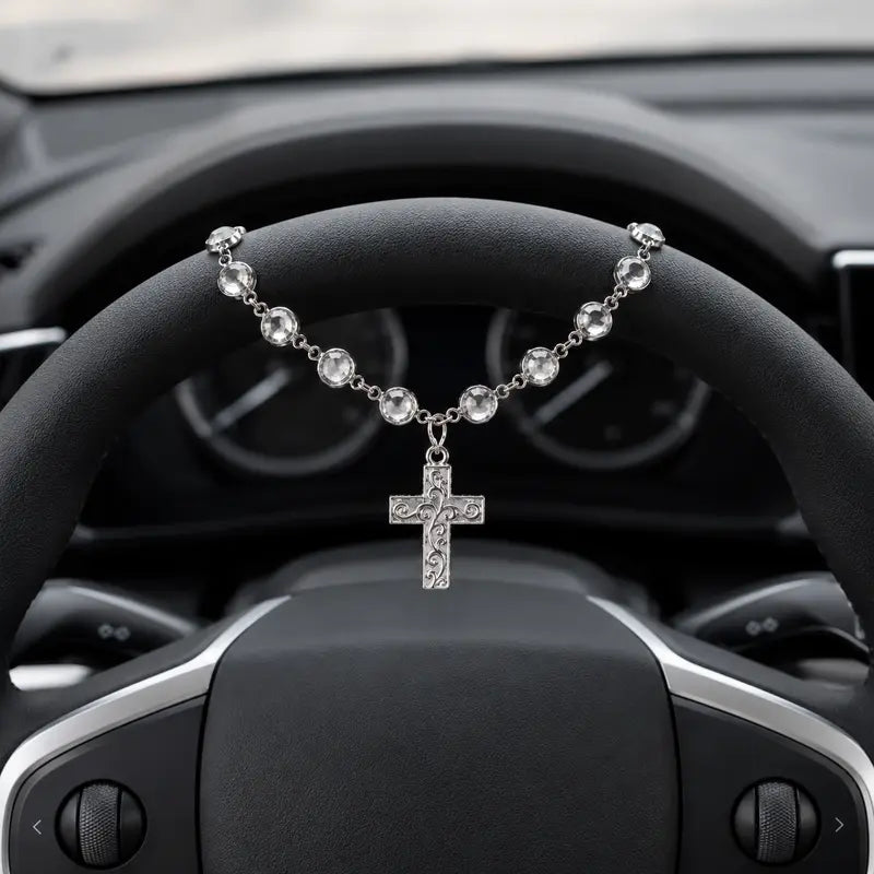 Faith-Inspired Crystal Cross Car Steering Wheel Charm, Silver Tone Beaded Hanging Ornament, Spiritual Blessing Symbol Auto Interior Decor, Meaningful Gift for Drivers