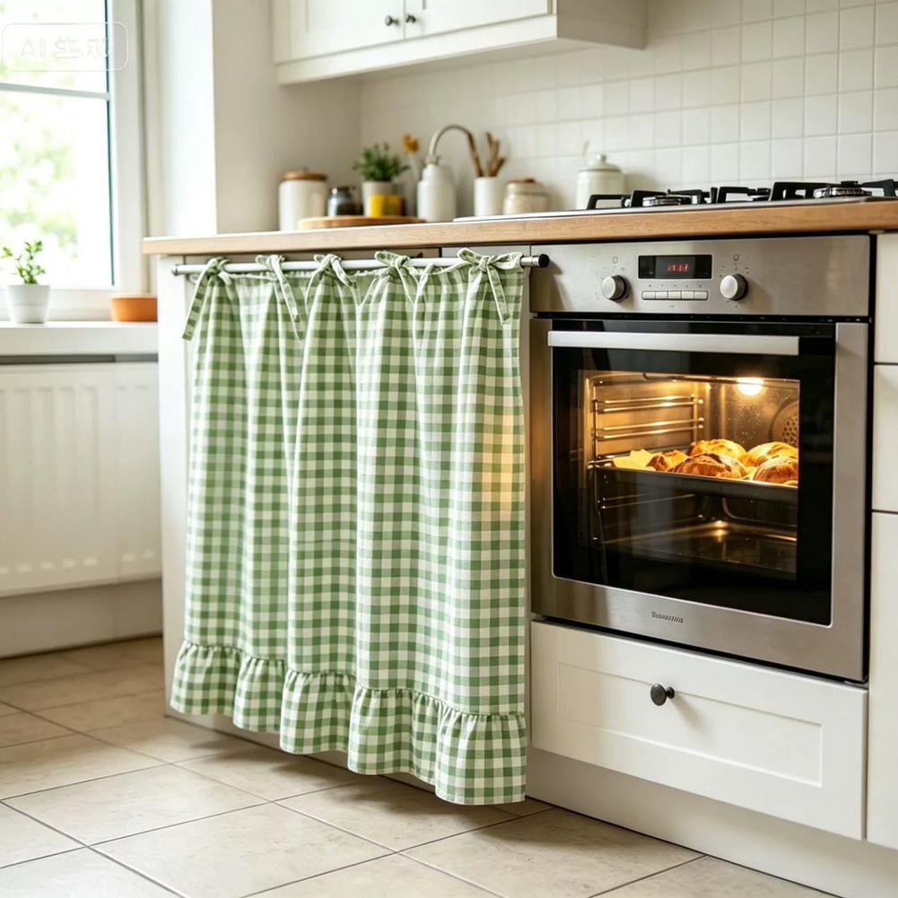Cotton Linen Oven Skirt Curtain for Kitchen, Farmhouse Tie-Top Cabinet Curtain with Ruffles for Dishwasher, Sink & Stove Decor