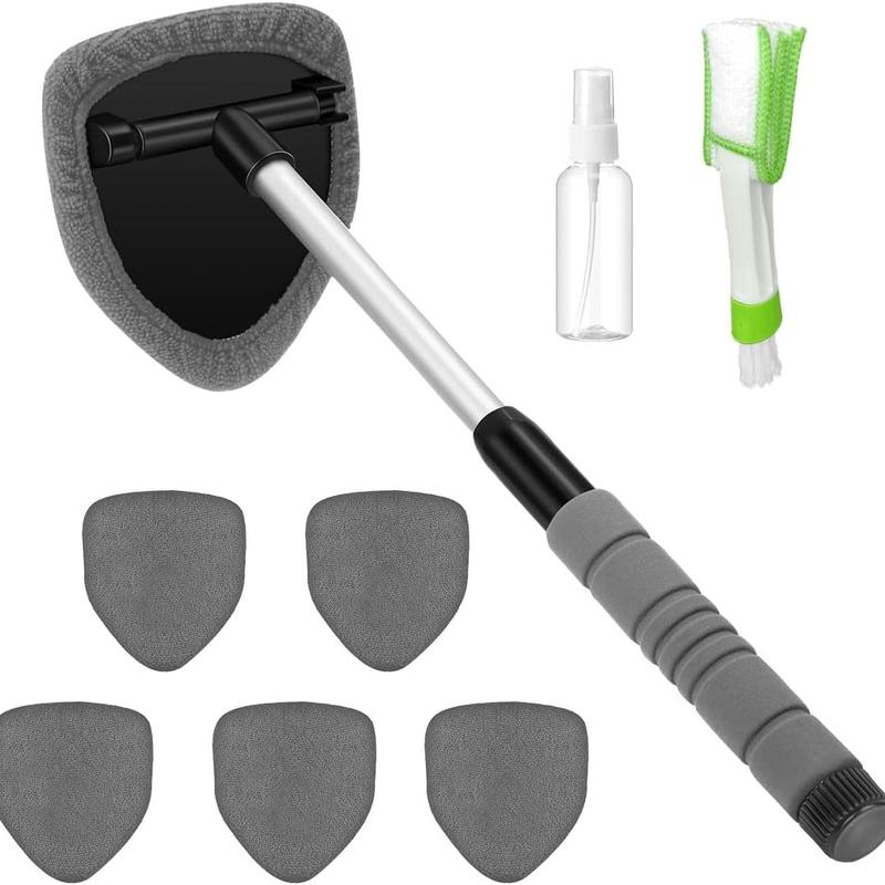 9-Piece Car Windshield Cleaning Kit with Extendable Handle, 180° Swivel Head, 6 Reusable Microfiber Pads, Vent Brush & Spray Bottle for Windows, Mirrors & Glass