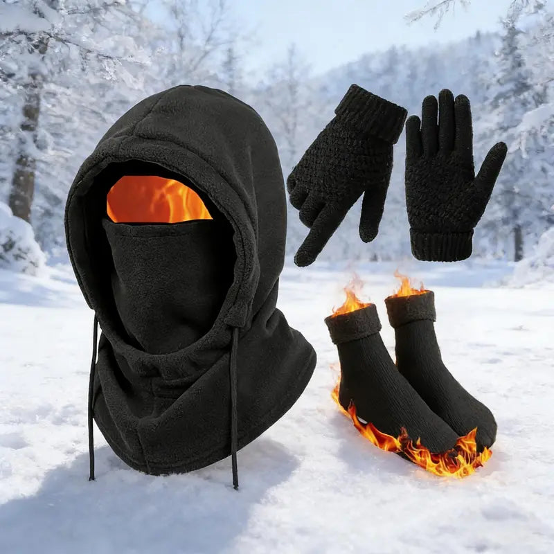 Unisex 2/3/4-Piece Winter Outdoor Set with Full Face Cover, Gloves & Thermal Socks, Warm Windproof Gear for Skiing, Cycling, Snowboarding & Cold Weather