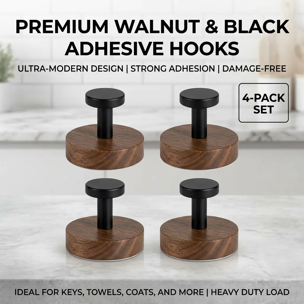 Walnut Wood Suction Cup Hooks (4 Pack) - No-Drill Heavy Duty Towel Hooks