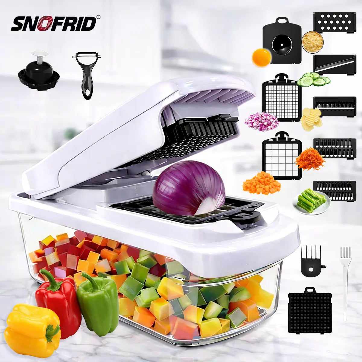 Snofrid Vegetable Chopper,15-in-1 Multifunctional Food Chopper,Professional Onion Chopper with 8 Blades
