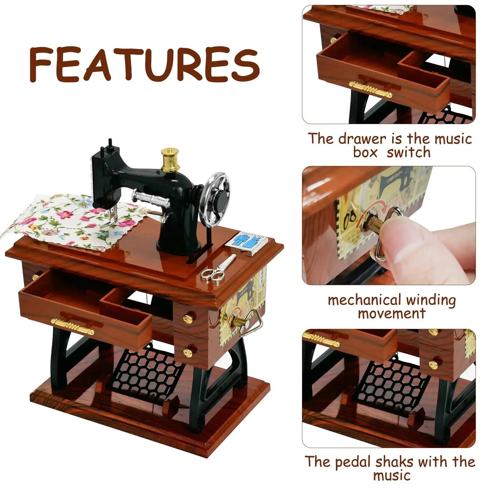 Vintage Mini Sewing Machine Music Box European Retro Classical Treadle Sewing Machine Table Desk Mechanical Clockwork Music Box for Home Decor Birthday Gift