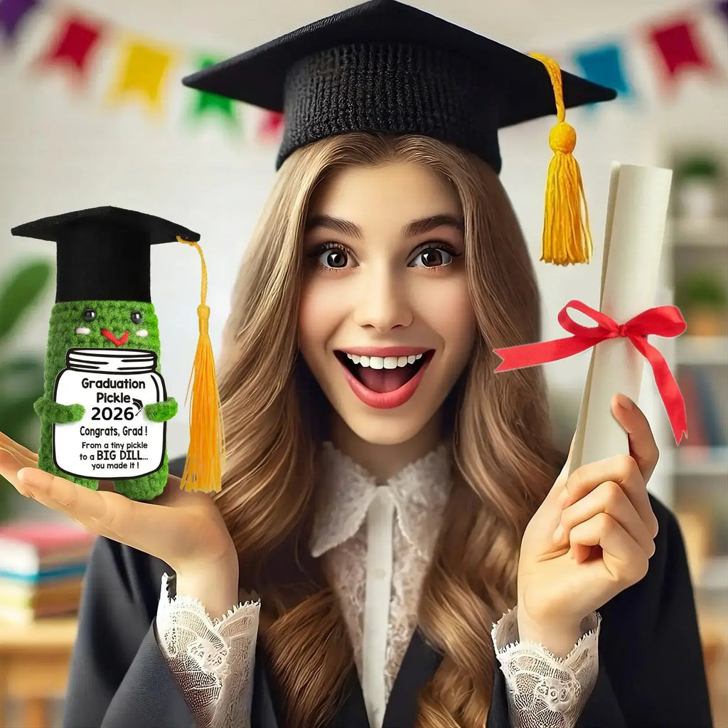 Graduation Pickle Funny Handmade Crochet Grad Gifts for Him Her - Cute Congrats Class of 2026 High School College Graduation Gifts with 5 Color Tassels