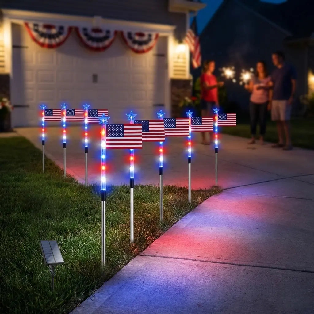 8-Piece Flag Light Set, 4th of July Decorations 8 Lighting Modes, 8-in-1 American Flag Solar Lights, Memorial Day Decorations Featuring Red, White, and Blue Lights for Independence Day Pathway Garden Decorations Yard Pathway