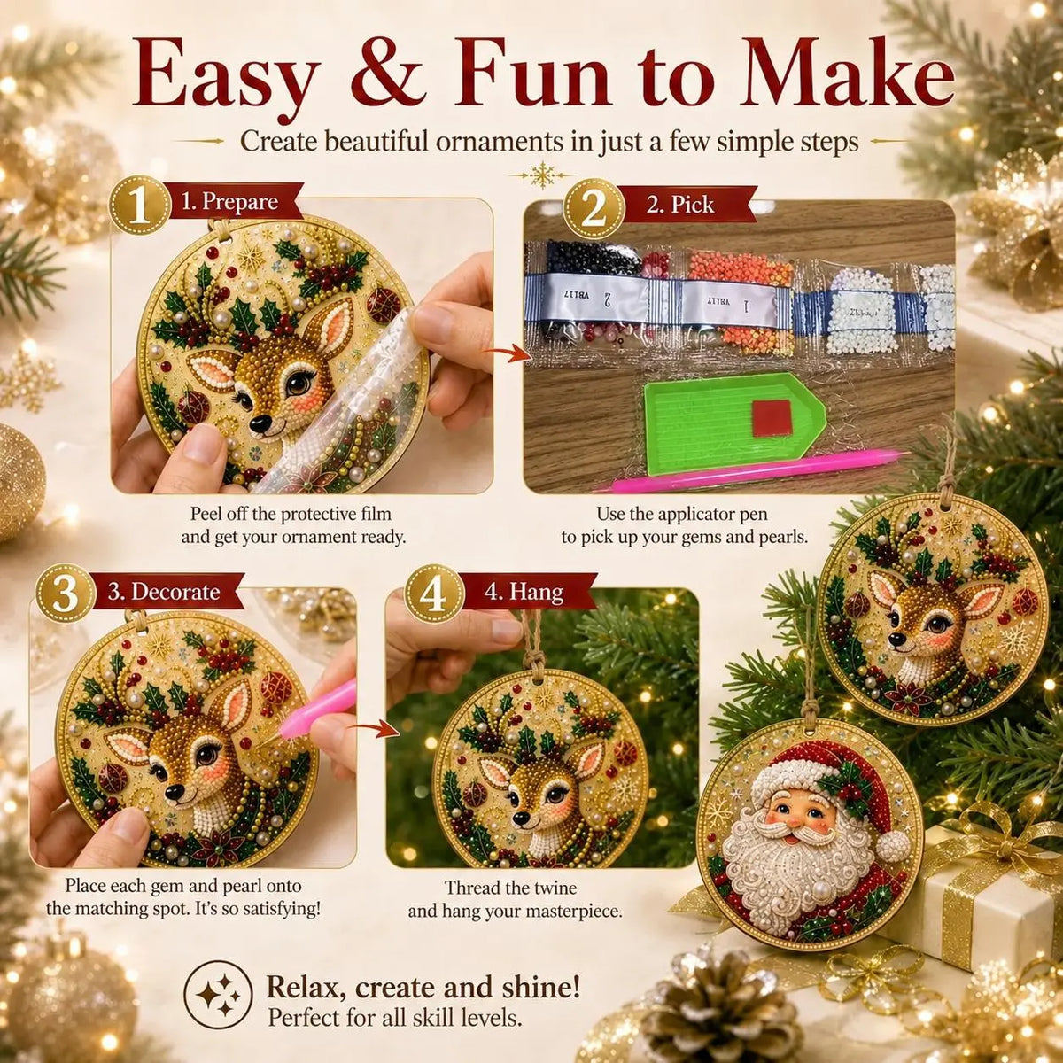 6Pcs Christmas DIY Diamond Painting Ornaments Kit, Wooden Xmas Tree Hanging Decorations with Rhinestones, DIY Holiday Craft Gift