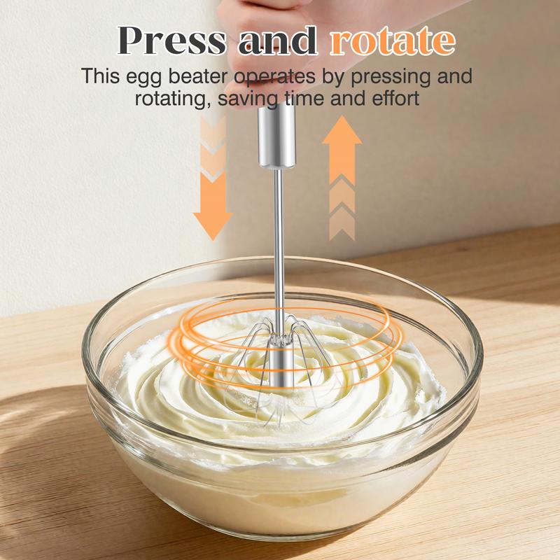 AA Food-Grade Stainless Steel Hand-Push Rotary Whisk, Rust-Resistant with Sturdy Riveted Construction, Semi-Automatic Kitchen Utensil for Coffee, Egg Whisking and Cooking Tasks, Easy to Clean Kitchen Cooking Accessories Kitchen Gadgets