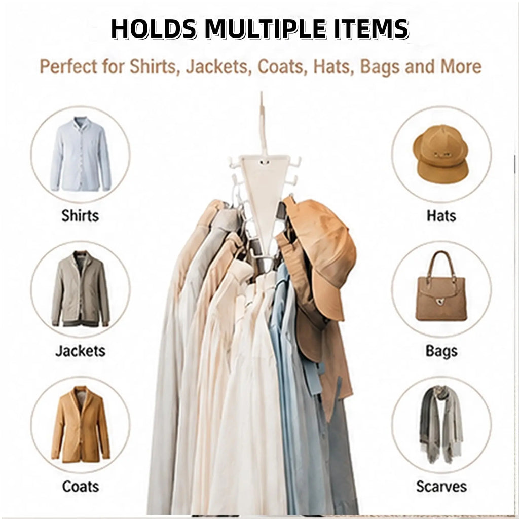 Closet organizer holding shirts, jackets, coats, hats, bags and scarves