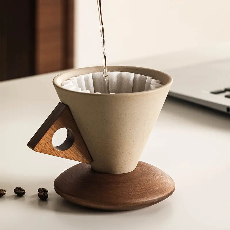 Wabisabi Conical Ceramic Coffee Cup with Acacia Wood Base
