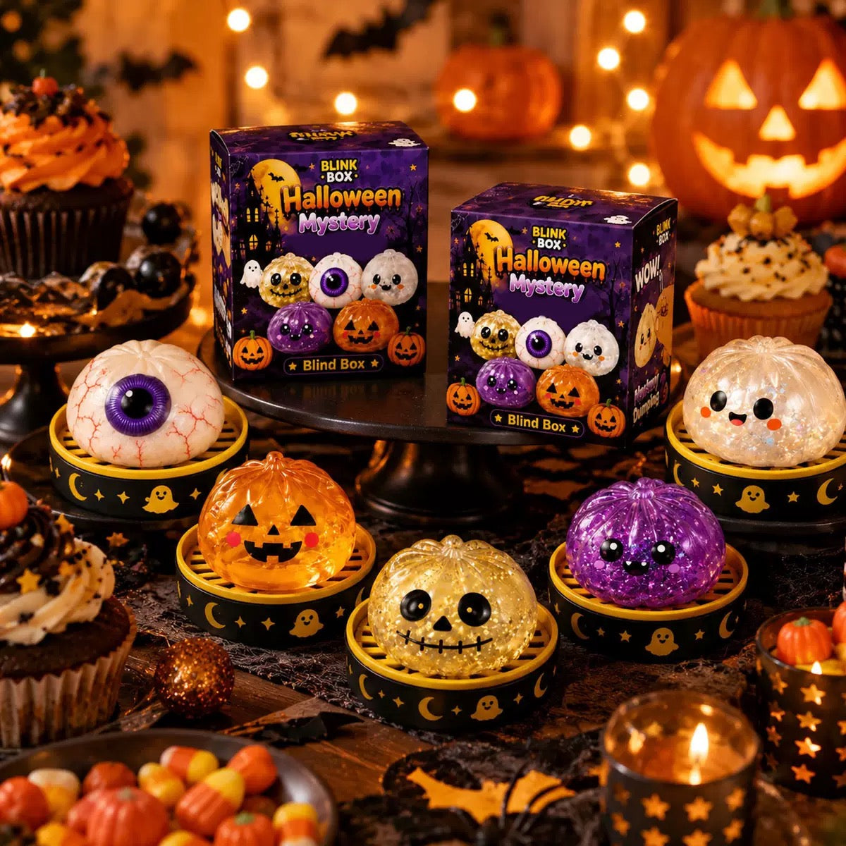 Halloween Dumpling Squishy Toy with Steamer-Style Storage Box, Slow-Rising Squeeze Toy, Spooky Sensory Party Favor & Gift
