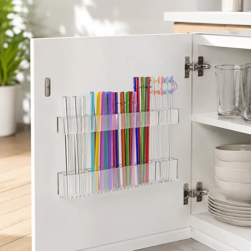 Transparent Acrylic Straw Organizer – Adjustable Large Holder with 60% Stronger Adhesive, BPA-Free Cabinet Door Storage for All Straw Types & Sizes