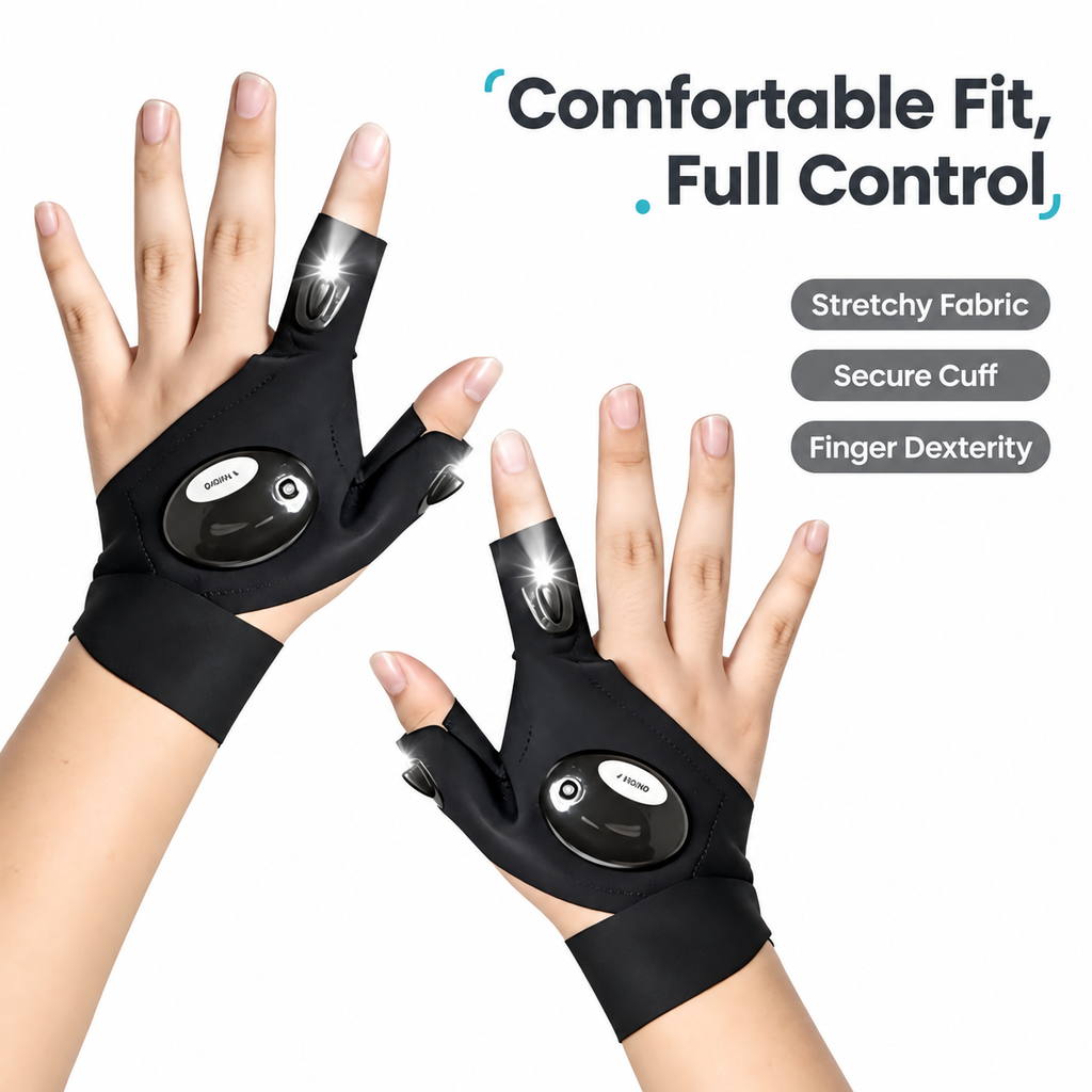 LED Fingerless Flashlight Gloves – Hands-Free Lighting Gloves for Repair, Camping, Running, Night Fishing & Outdoor Activities