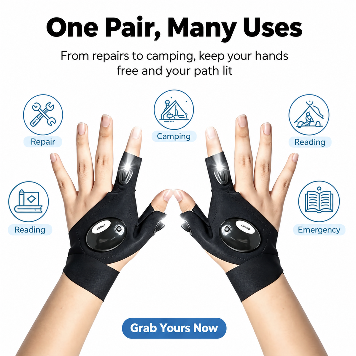 LED Fingerless Flashlight Gloves – Hands-Free Lighting Gloves for Repair, Camping, Running, Night Fishing & Outdoor Activities