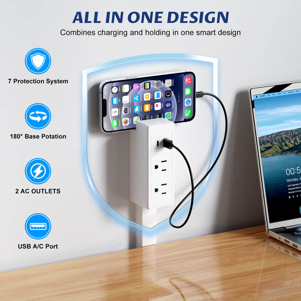 【100% FIRE-SAFE】EAZY Outlet Extender – Prevents Fire Hazards, Extendable 18"-28" Featuring USB-C, USB-A & 2 AC Outlets, 180° Rotating Plug Adapter for Hard-to-Reach Sockets Behind Furniture