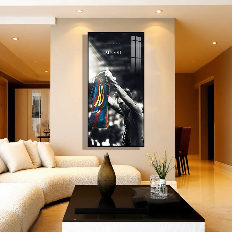 Messi Football Canvas Wall Art, Barcelona Star Canvas Print with Optional Black Frame for Home Decor