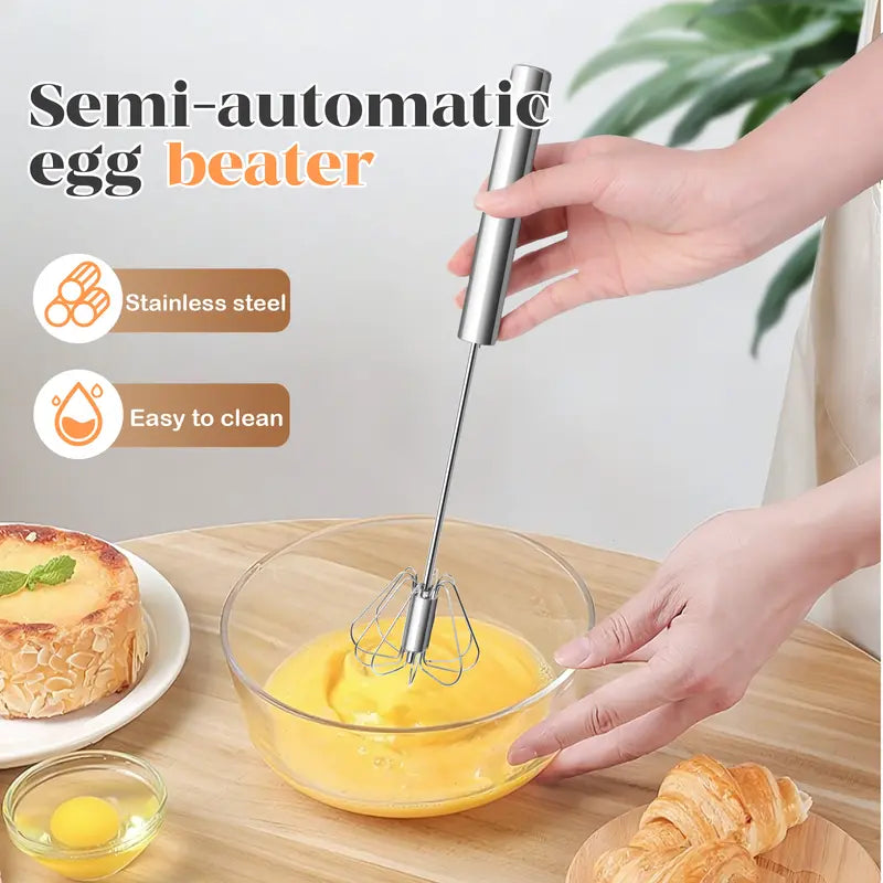 AA Food-Grade Stainless Steel Hand-Push Rotary Whisk, Rust-Resistant with Sturdy Riveted Construction, Semi-Automatic Kitchen Utensil for Coffee, Egg Whisking and Cooking Tasks, Easy to Clean Kitchen Cooking Accessories Kitchen Gadgets