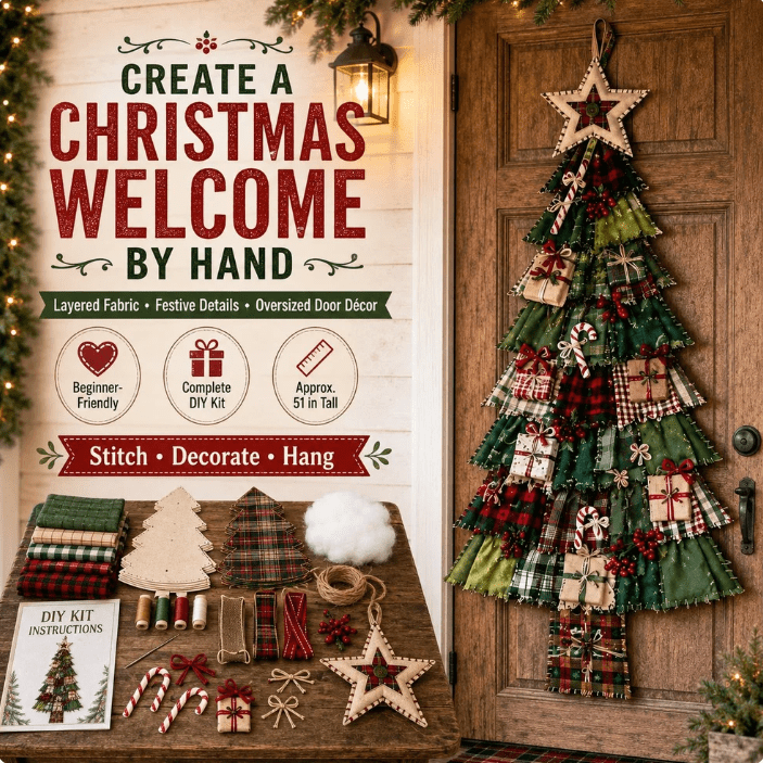 DIY Oversized Patchwork Christmas Tree Door Hanger Kit, 3D Fabric Sewing & Assembly Craft Kit for Adults, Holiday Home Wall & Entryway Decor