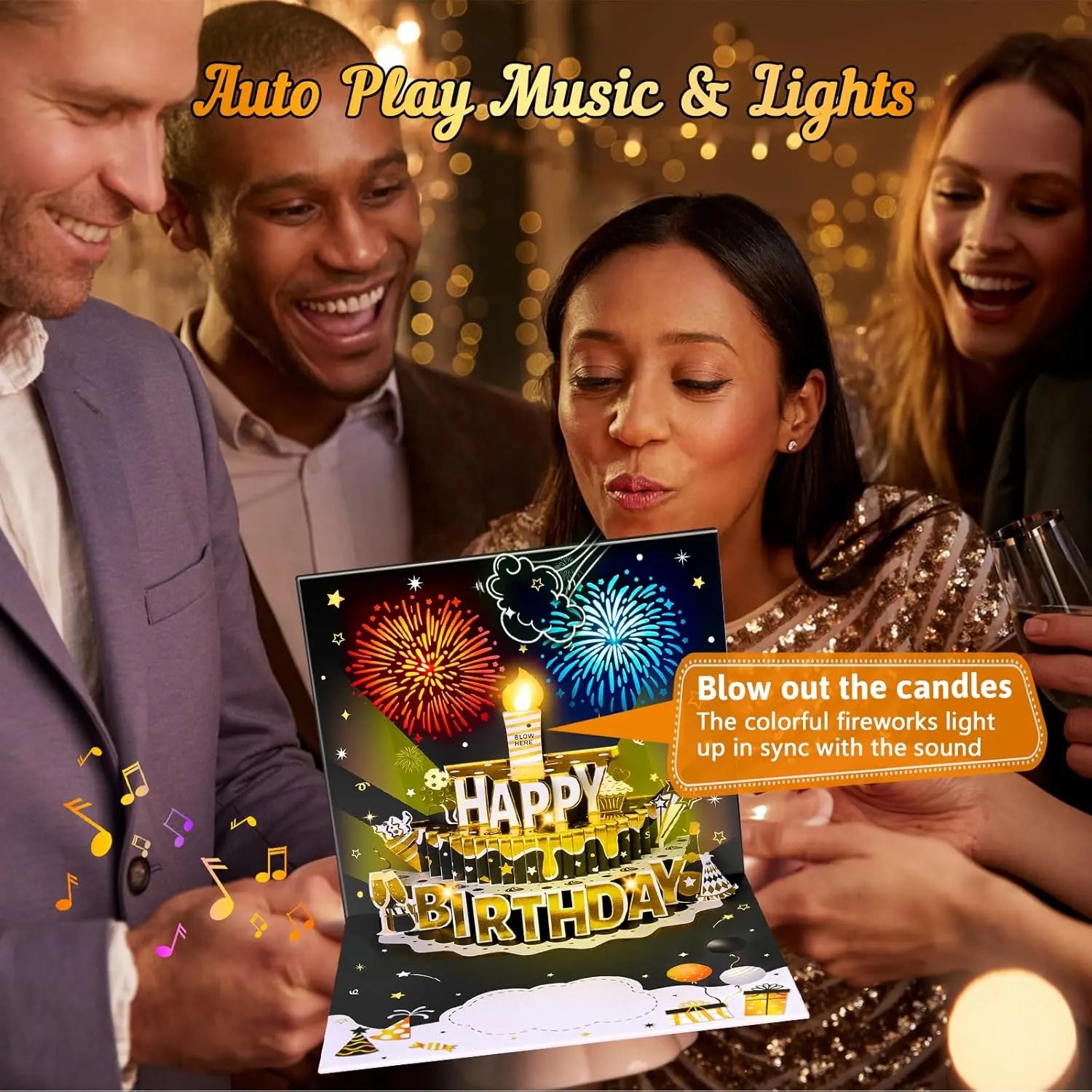 Interactive Birthday Pop-Up Card with 3D Cake, Fireworks, Lights & Music, Blow-Out LED Candle, DIY Age Numbers, Black and Gold Birthday Card for Men & Women