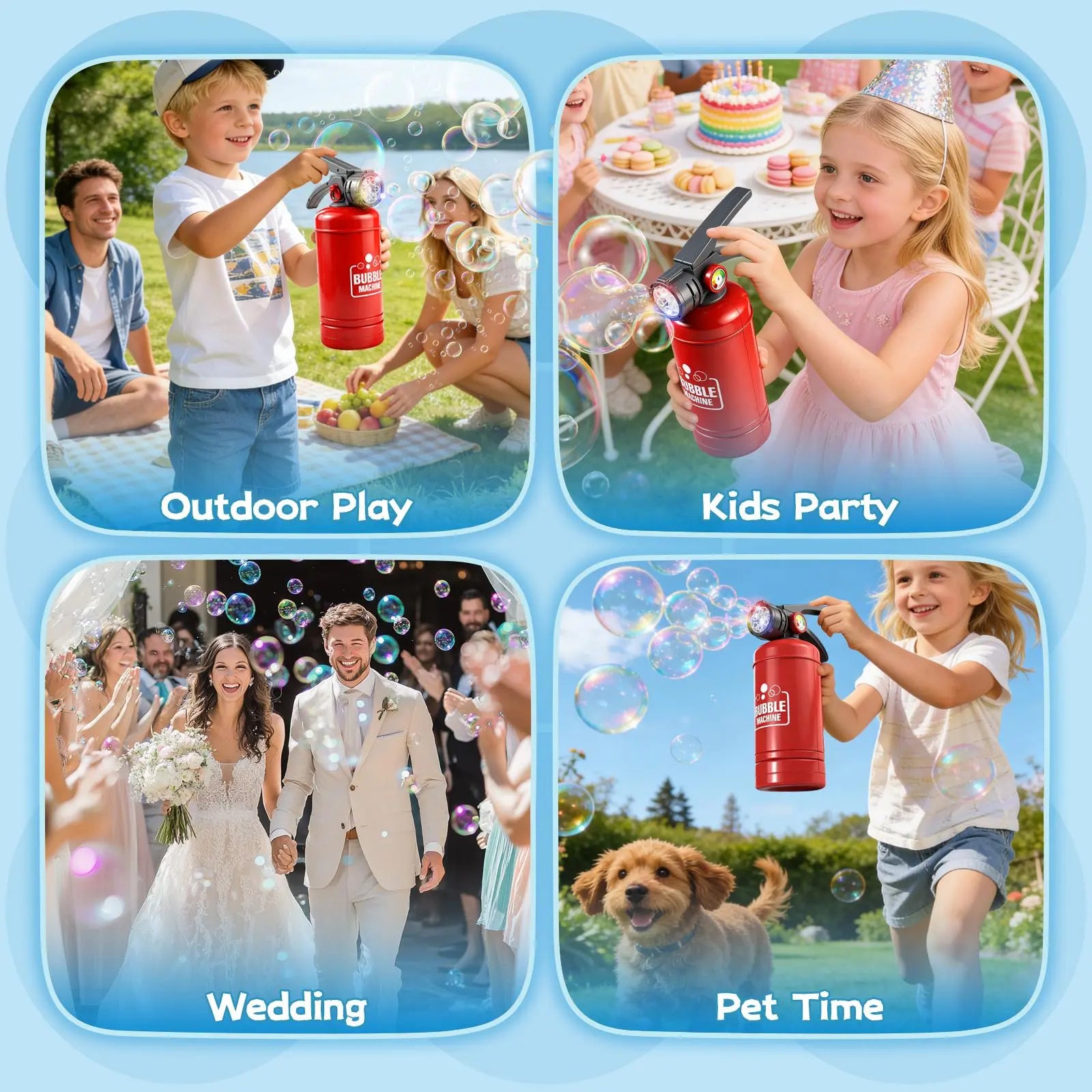 Portable Fire Extinguisher Bubble Blower for Kids, Automatic 6-Hole Bubble Machine with Colorful LED Lights & Bubble Solution, Outdoor Birthday Party Summer Toy for Boys Girls