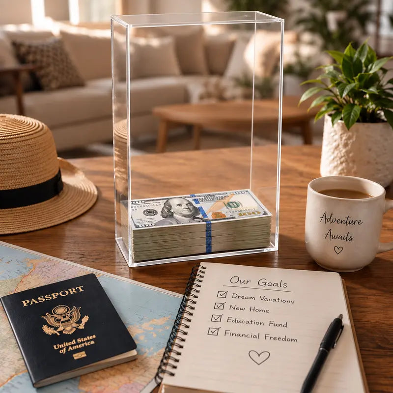 Floating savings box — holds over 1,800 bills, acrylic savings challenge box, goal tracker, satisfying floating effect, great as a gift
