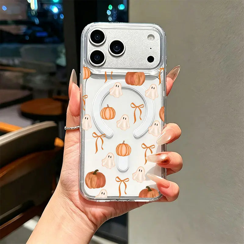 Ghost Pumpkin Orange Bow Watercolor Phone Case, Cute Fall Halloween Clear Case for iPhone 11–17, Pro, Pro Max, Plus & Air, Autumn Gift