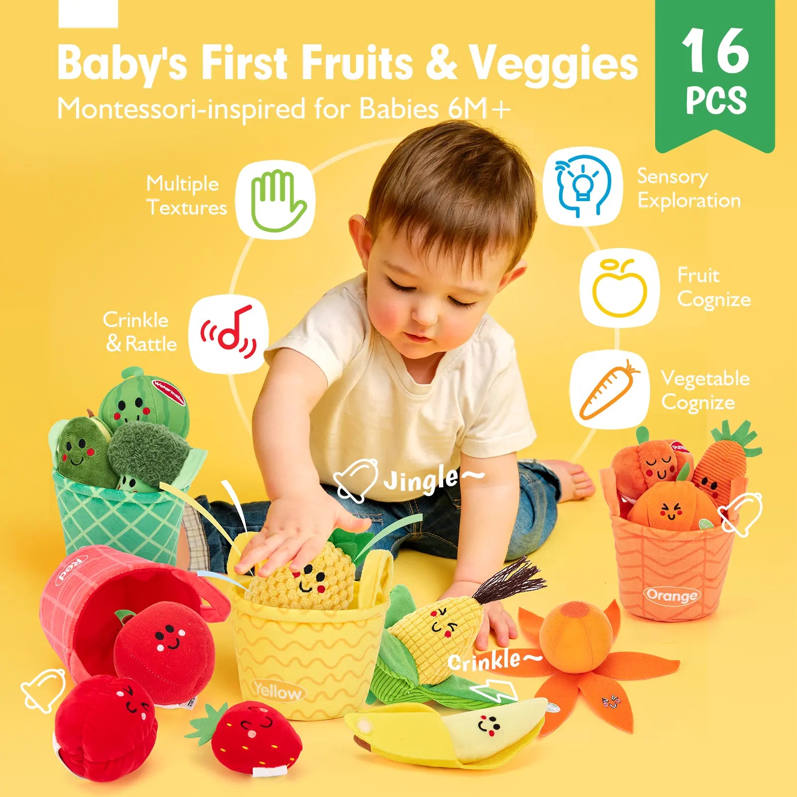 Hahaland 16Pcs My First Fruit Vegetable Color Sorting Play Food-Crinkle,Rattle,preschool Toy,Baby Toys 6-12 Months Montessori learning Toys for 1 Year Old Boy Girl Gifts Toddler Easter Basket Stuffers