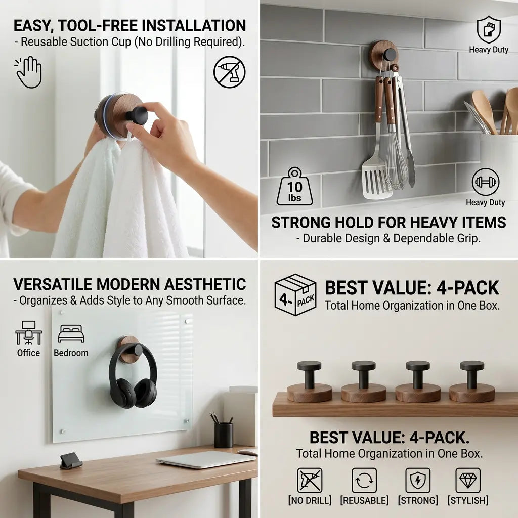 Walnut Wood Suction Cup Hooks (4 Pack) - No-Drill Heavy Duty Towel Hooks