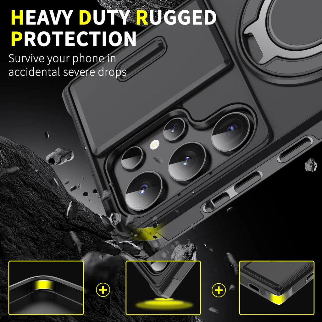 OREKROY Shockproof Magnetic Case with Slide Camera Lens Protector For Samsung Galaxy