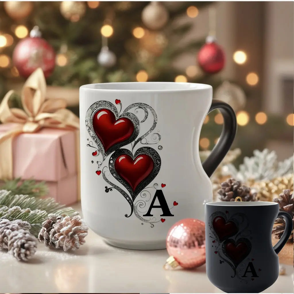 Personalized Heat-Changing Ceramic Mug, 11 oz Color-Changing Coffee Cup with A-Z Initial Letter & Heart-Shaped Handle, Custom Gift