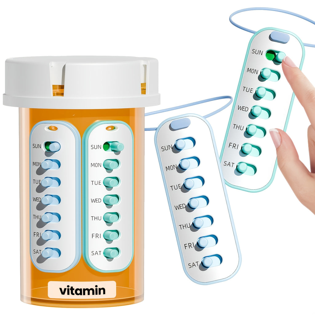 Pill Reminder, Includes Elastic Lanyard And Stickers, Daily Pill Tracker Compatible with Most Pill Bottles, Reusable Medication Tracker Replacement for Weekly Vitamins (7 Days) Pet Pill Organizer