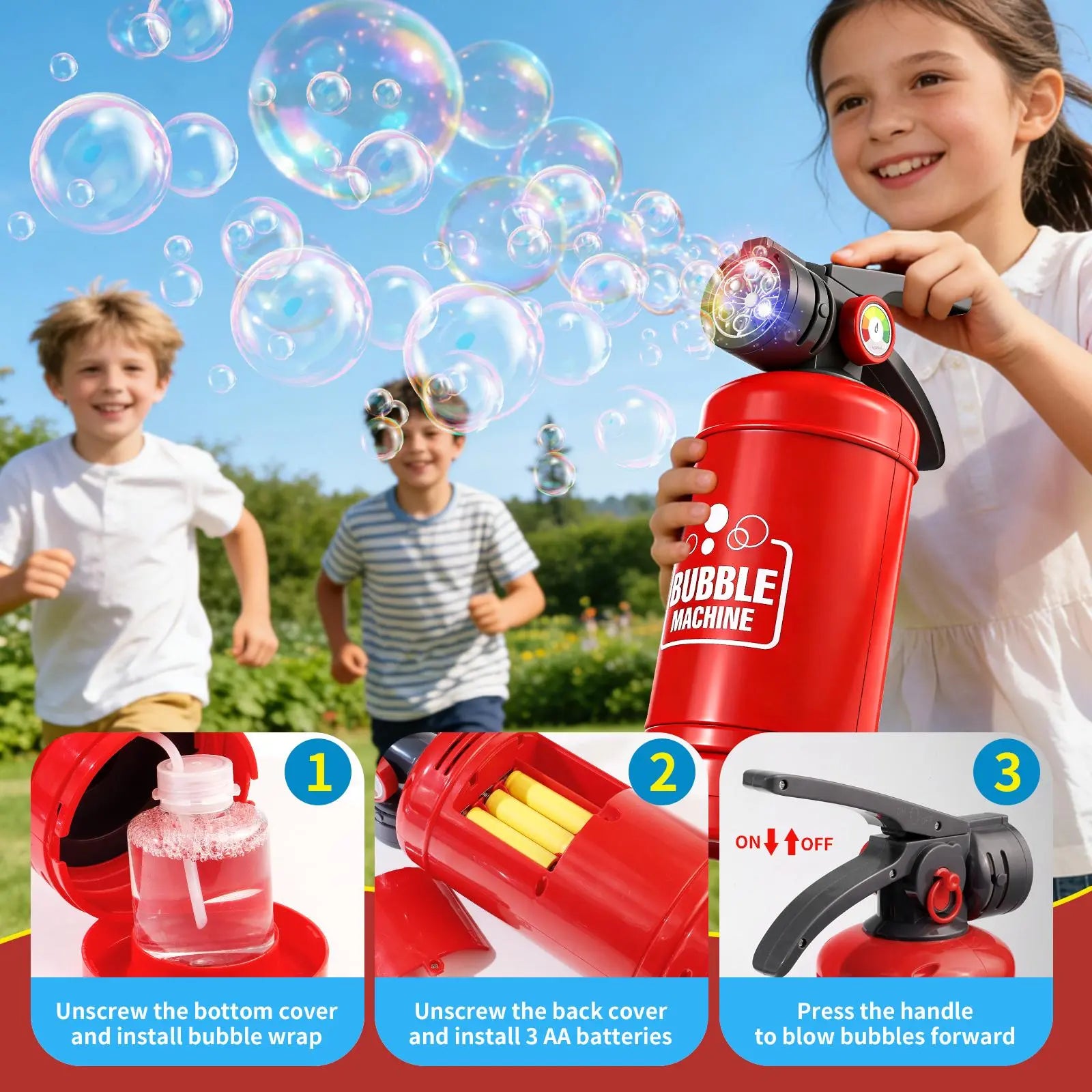 Portable Fire Extinguisher Bubble Blower for Kids, Automatic 6-Hole Bubble Machine with Colorful LED Lights & Bubble Solution, Outdoor Birthday Party Summer Toy for Boys Girls