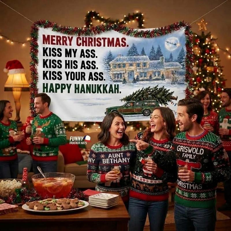Funny Christmas Flag – Merry Christmas Happy Hanukkah Holiday Quote Banner, Single-Sided with Metal Grommets, Snowy House RV Station Wagon Design, Xmas Porch Yard Garage Wall Decor, Holiday Party Decoration, Funny Gift for Adults, Winter Decor