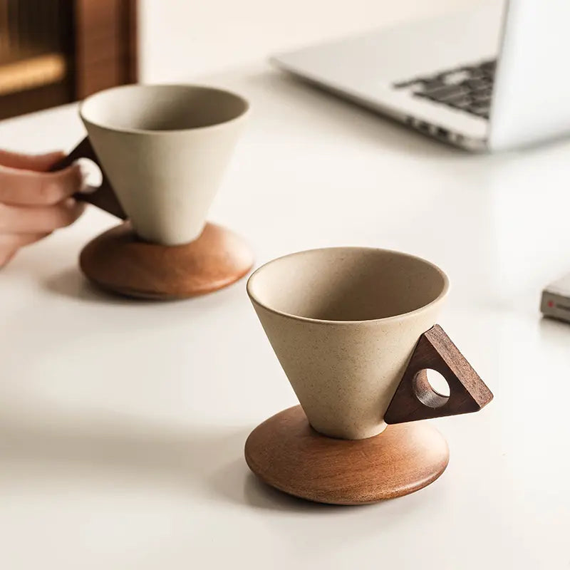 Wabisabi Conical Ceramic Coffee Cup with Acacia Wood Base