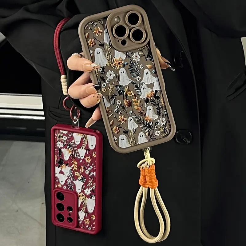 Halloween Cute Ghost Floral Phone Case for iPhone 17/16/15/14/13/12/11, Shockproof TPU Bumper with Durable Back Cover