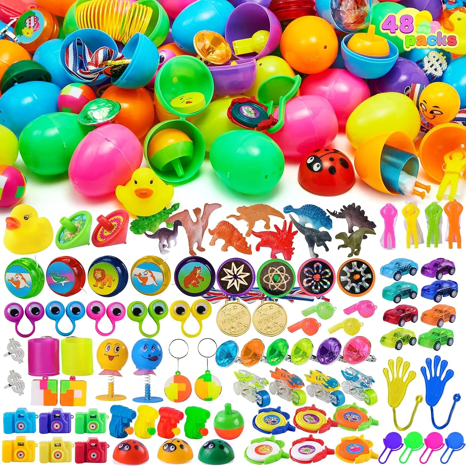 Prefilled Easter Eggs Toys and Stickers for Easter Egg Hunt, Filled with Toys Party Favors for Kids Boys Girls Easter Eggs Hunt, Basket Stuffers Fillers, Classroom Prize Supplies Kids Outdoor Play