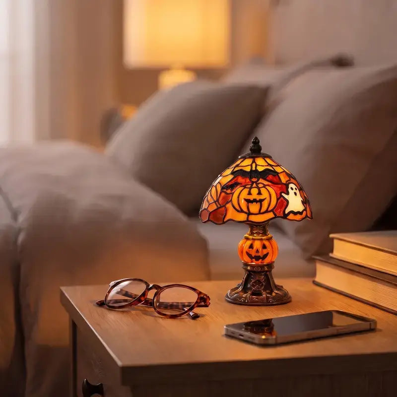 Retro Pumpkin Bat Pattern Single Desk Lamp - Vintage Glow Night Light, Nightstand-Compatible, Cozy Halloween Decor Gift, Whimsical Home Decor, Bedroom Lamp for Home Stylists