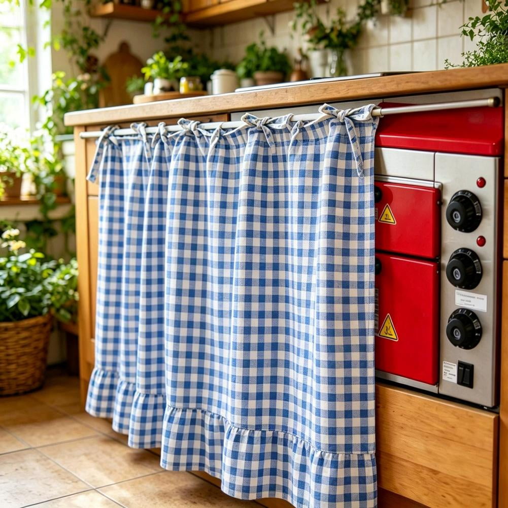 Cotton Linen Oven Skirt Curtain for Kitchen, Farmhouse Tie-Top Cabinet Curtain with Ruffles for Dishwasher, Sink & Stove Decor