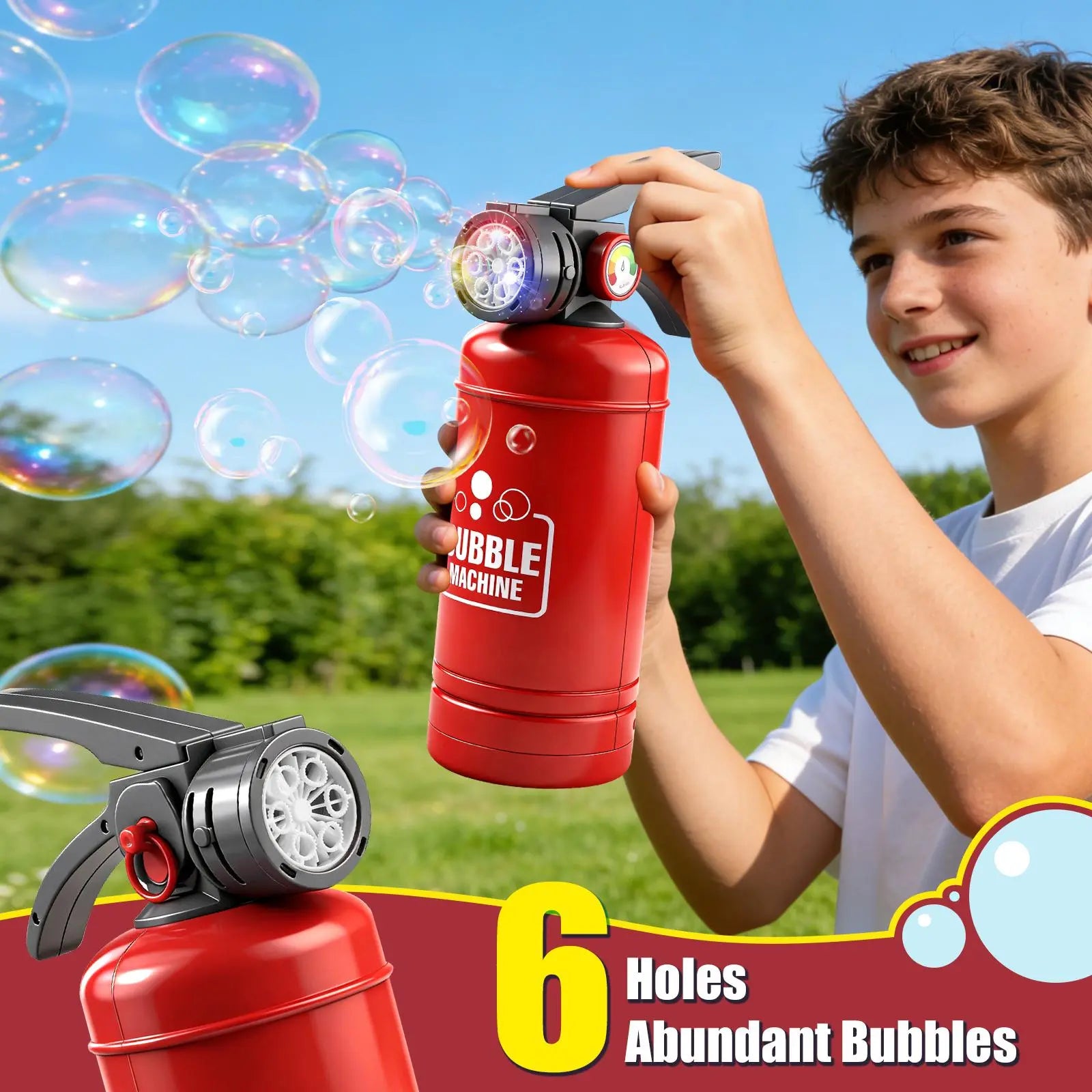Portable Fire Extinguisher Bubble Blower for Kids, Automatic 6-Hole Bubble Machine with Colorful LED Lights & Bubble Solution, Outdoor Birthday Party Summer Toy for Boys Girls