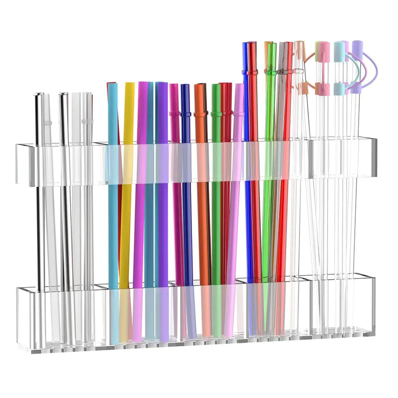 Transparent Acrylic Straw Organizer – Adjustable Large Holder with 60% Stronger Adhesive, BPA-Free Cabinet Door Storage for All Straw Types & Sizes