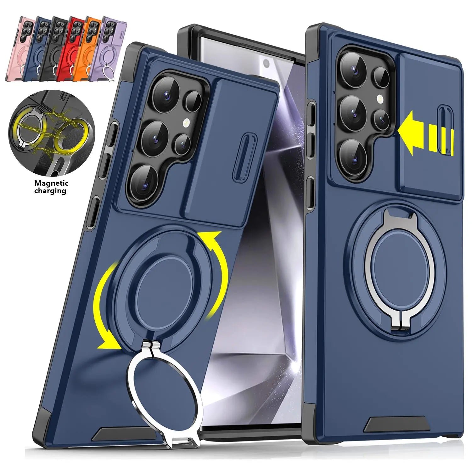 OREKROY Shockproof Magnetic Case with Slide Camera Lens Protector For Samsung Galaxy
