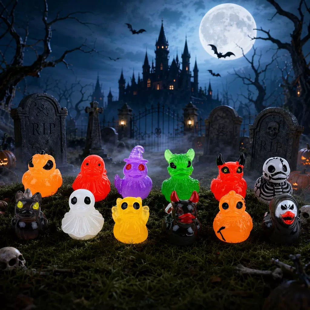 Resin Halloween Mini Duck Figurines, 50 Assorted Devil Ghost Skull Miniatures, Spooky Desktop Decorations & Party Favors