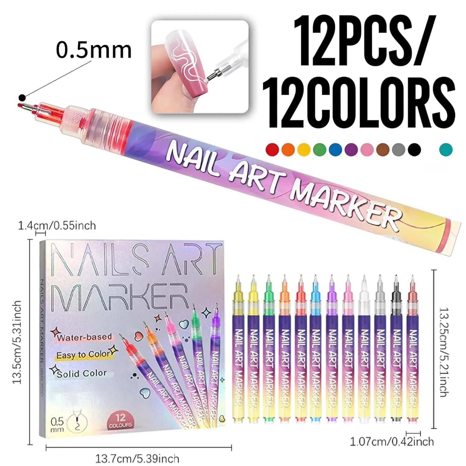 12-Color Ultra-Fine Nail Art Pen Set (0.5mm) - Waterproof & Quick Dry